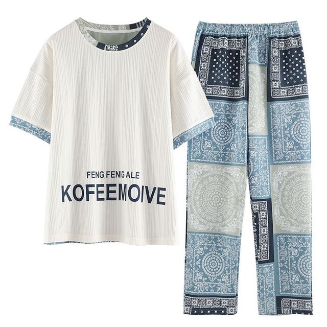Women Pajama 2 Pcs Sets Cotton T-shirt Elastic Waist Ankle Length Pants Cartoon Plaid Sweet Home Clothes Can wear Outside