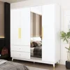 4-Door Wardrobe with Mirror & 2 Drawers, Armoire Wardrobe Closet with 2 Hanging Rods, Armoire Closet with Wooden Legs, Closet 1