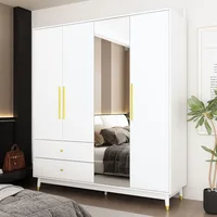 4-Door Wardrobe with Mirror & 2 Drawers, Armoire Wardrobe Closet with 2 Hanging Rods, Armoire Closet with Wooden Legs, Closet 1