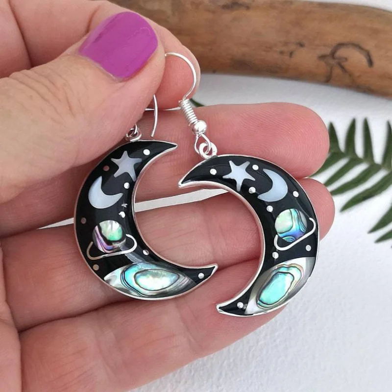 

Fashion Vintage Cosmic Starry Sky Earrings Creative Metal Silver Color Personalized Moon Shape Dangle Earrings Women Jewelry