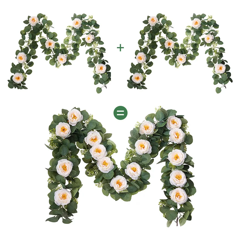 

1.8M Guirlande Silk Rose Camellias Flowers Fleur Artificielle Fake Hanging Vine Artificial Eucalyptus Garland For Decor