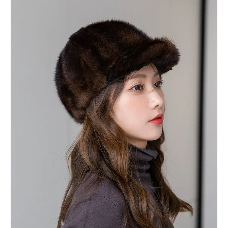 Winter High Quality Real Mink Fur Bomber Hat For Women Black Tag Ear Warm Chapeau Driving Cap