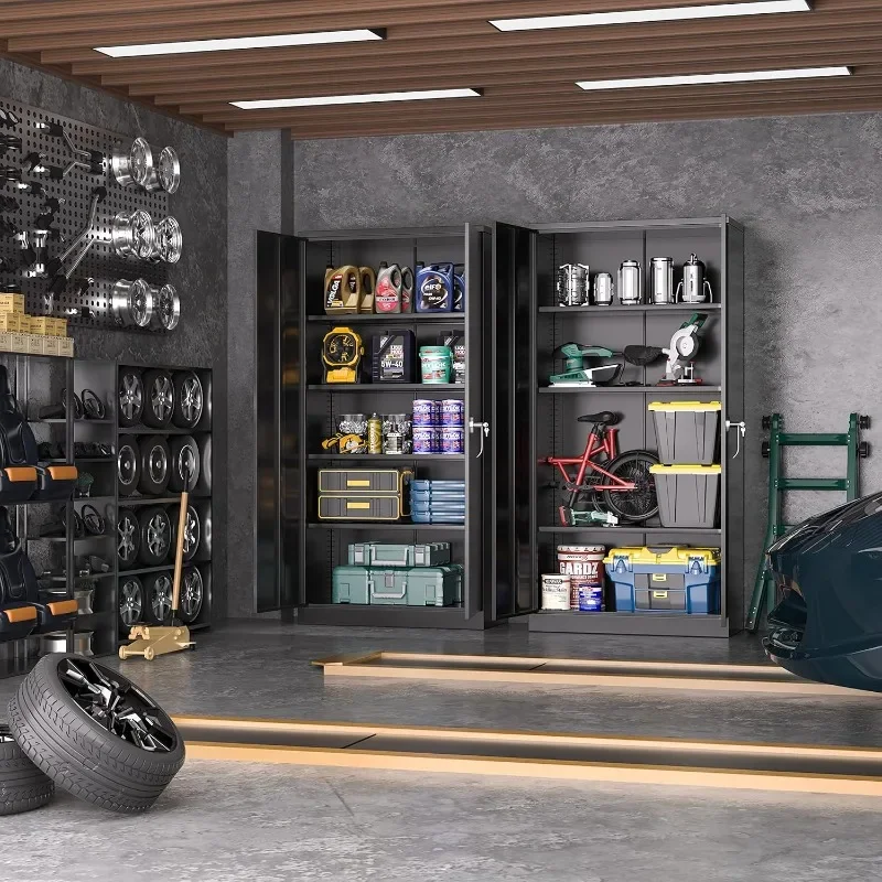 72-Inch Metal Storage Cabinet With Lock - Adjustable Shelves Garage Tool Cabinet