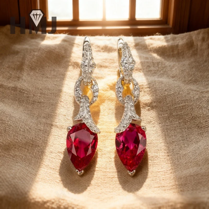 Laborgezüchtete Columbia Smaragd/Rubin/Saphir Ohrringe 925 Sterling Silber Birnenförmiger Schliff Feiner Schmuck Muttertagsgeschenke für Frauen – Detail 7