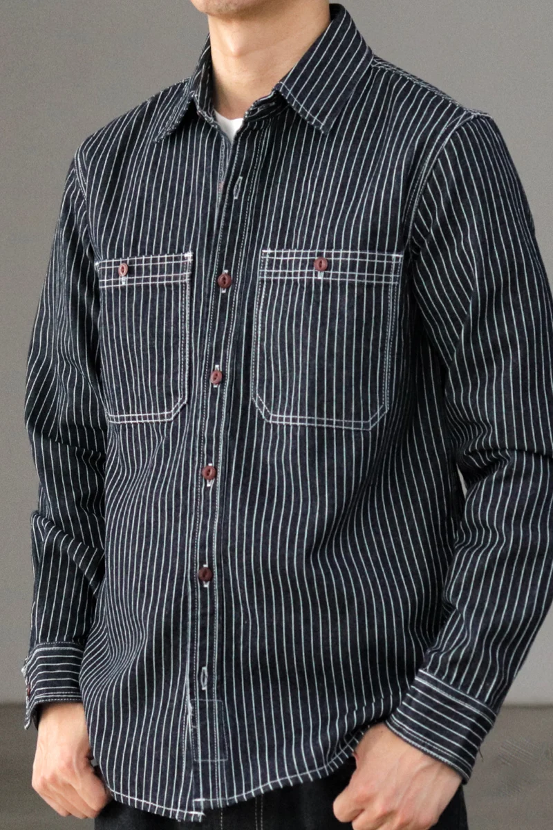 Autumn American Retro Heavyweight Denim Cargo Embroidery Striped Shirt Men's Fashion Pure Cotton Washed Casual Blouses Jacket