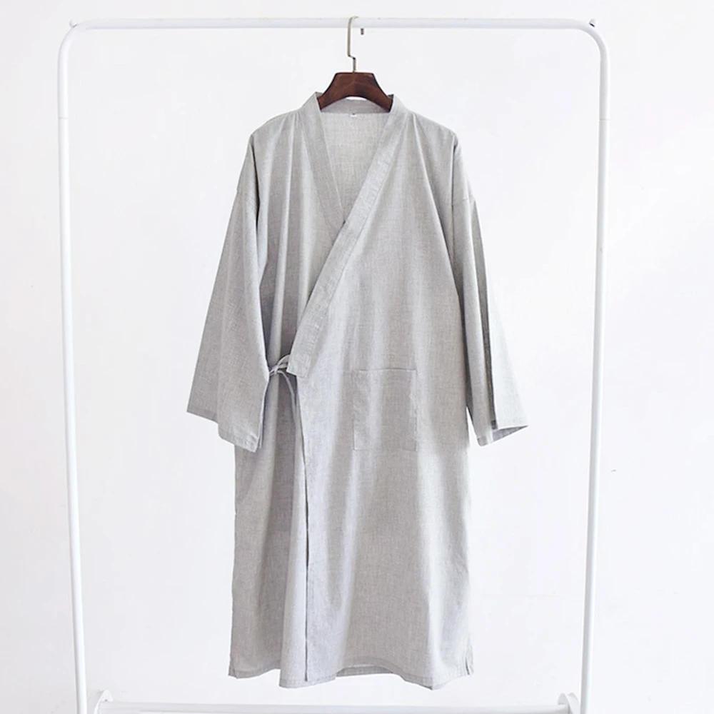 Men Casual Japanese Kimono Yukata Long Sleeve Bathrobe Pajamas Lace-up Belt Cotton Loose Homewear Solid Color Sleeping Robe