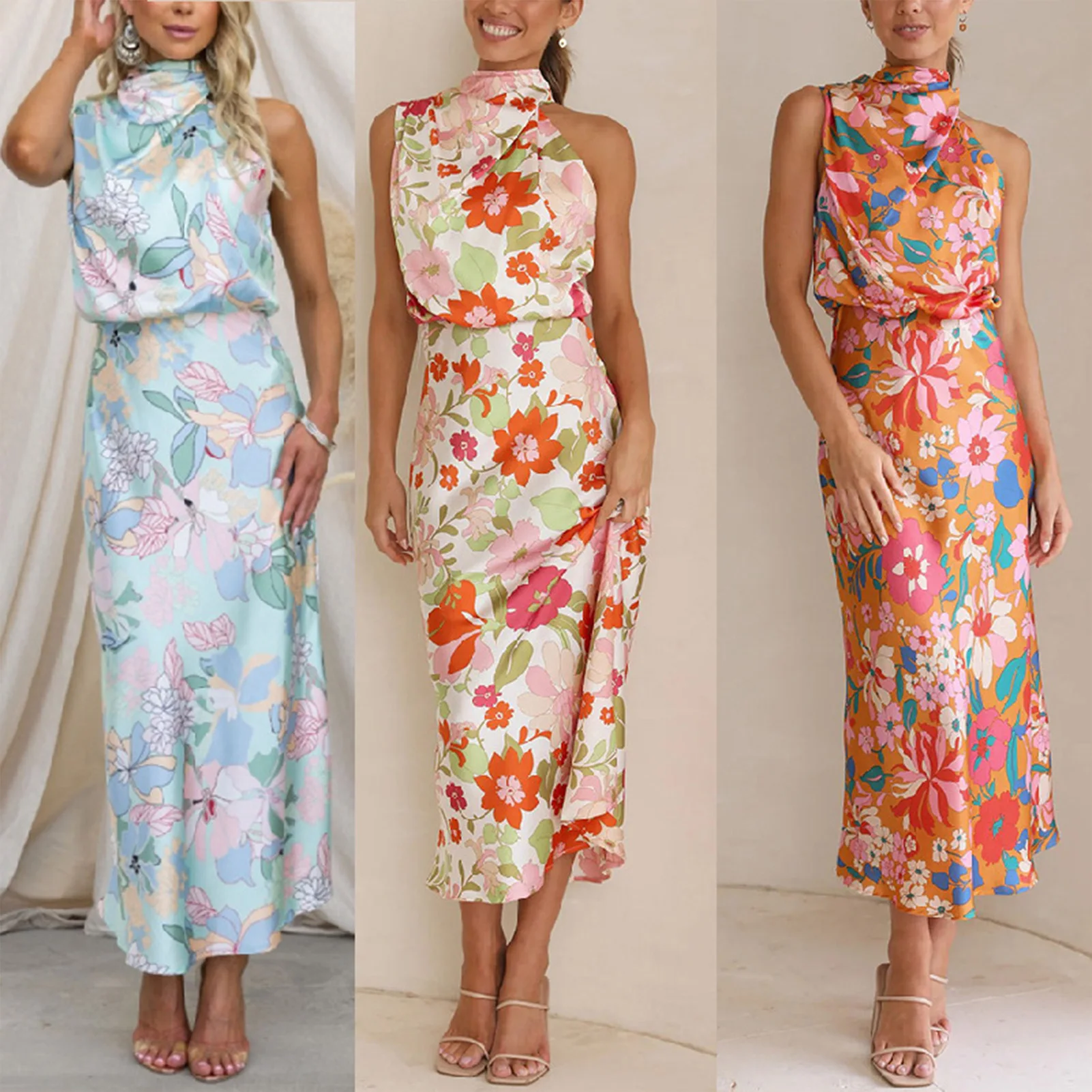 

Women Party Long Gown Dress Printed Satin Elegant Long Dress Strap Neck Sleeveless Summer Fashion Simple Party Club Dress