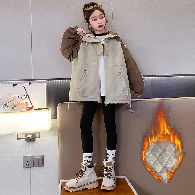 

2023 Korean Winter Teenager Girl Interchange Jacket Thicken Junior Girl Coat Hooded Color Blocking Children Girl Warm Outwear
