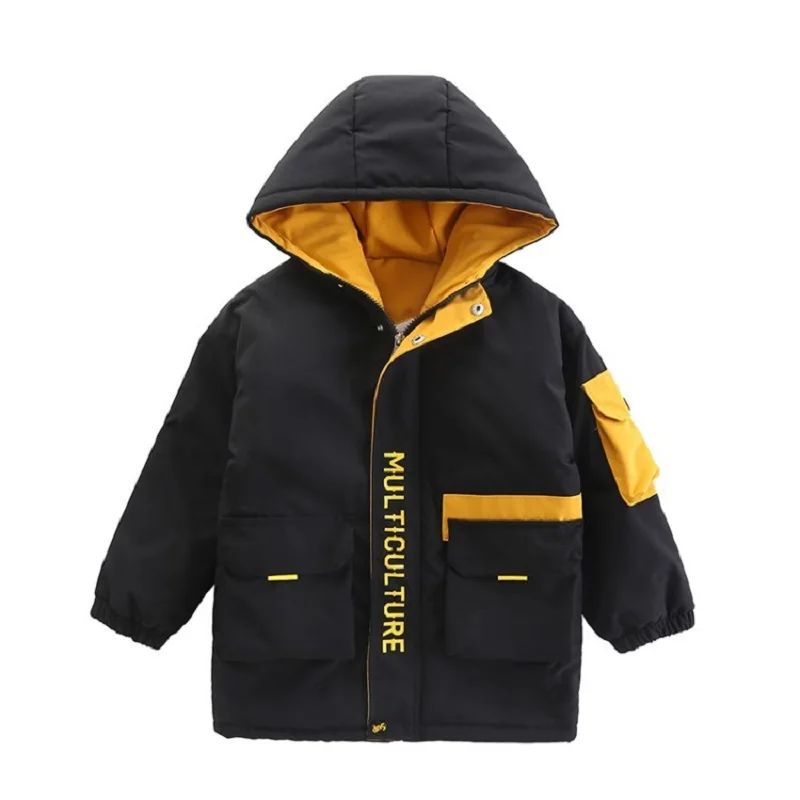Winter Boys Warmth Contrast Fleece Padded Jackets Hooded Student Therme Long Coats Kids Parka Children Outfits For 3-13 Years