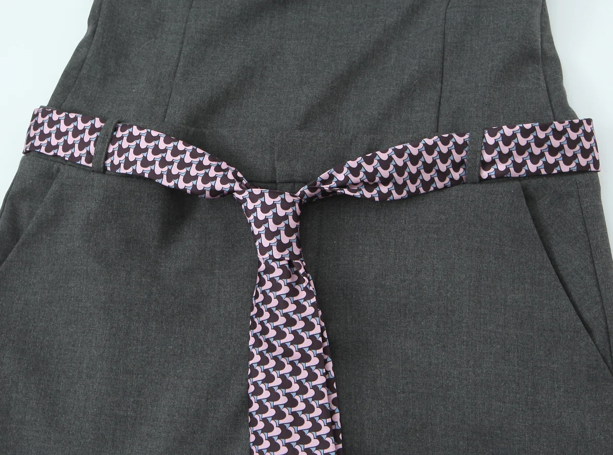 Women's Gray Slim Fit With Belt Dress O-Neck Collar Sleeveless Female Elegant Temperament Daily Commute Mini Skirt Streetwear