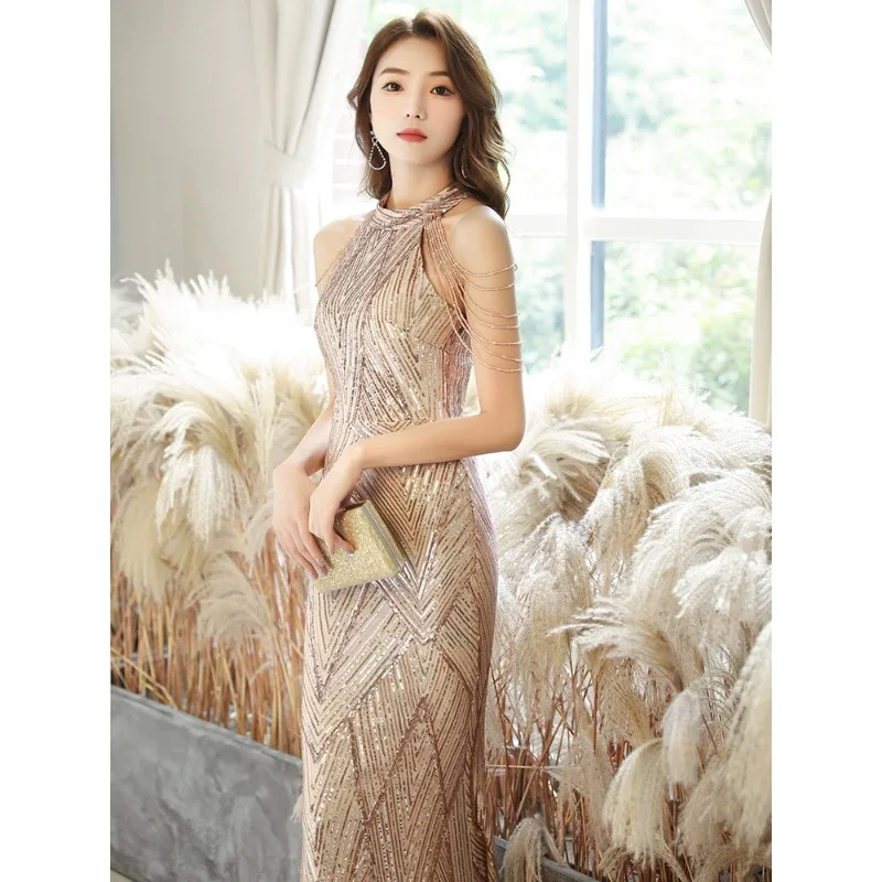 

Welcome Dresses Champagne Color High Quality Banquet Evening Dress Temperament Halter Neck Mermaid Long Skirt