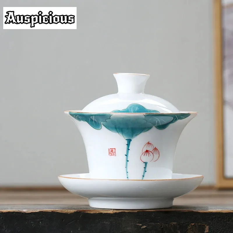 175ml Retro Ceramic Gaiwan Teacup Handmade Lotus Art Tea Tureen Boutique Tea Bowl Chinese Porcelain Teaware Accessorie Drinkware