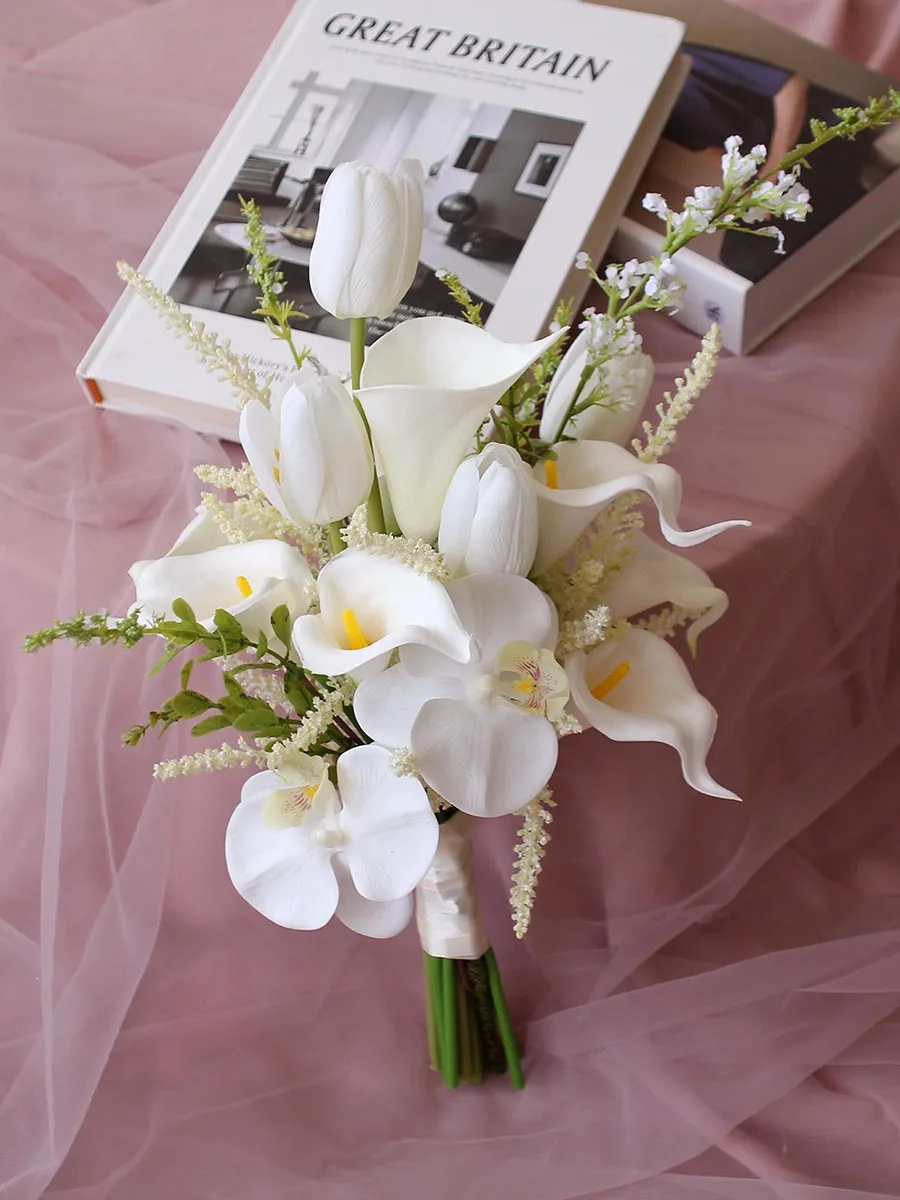 New Simulation Flower Orchid Calla Lily Tulip White Bride Wedding Holding Flower Fake Korean Style Bouquet