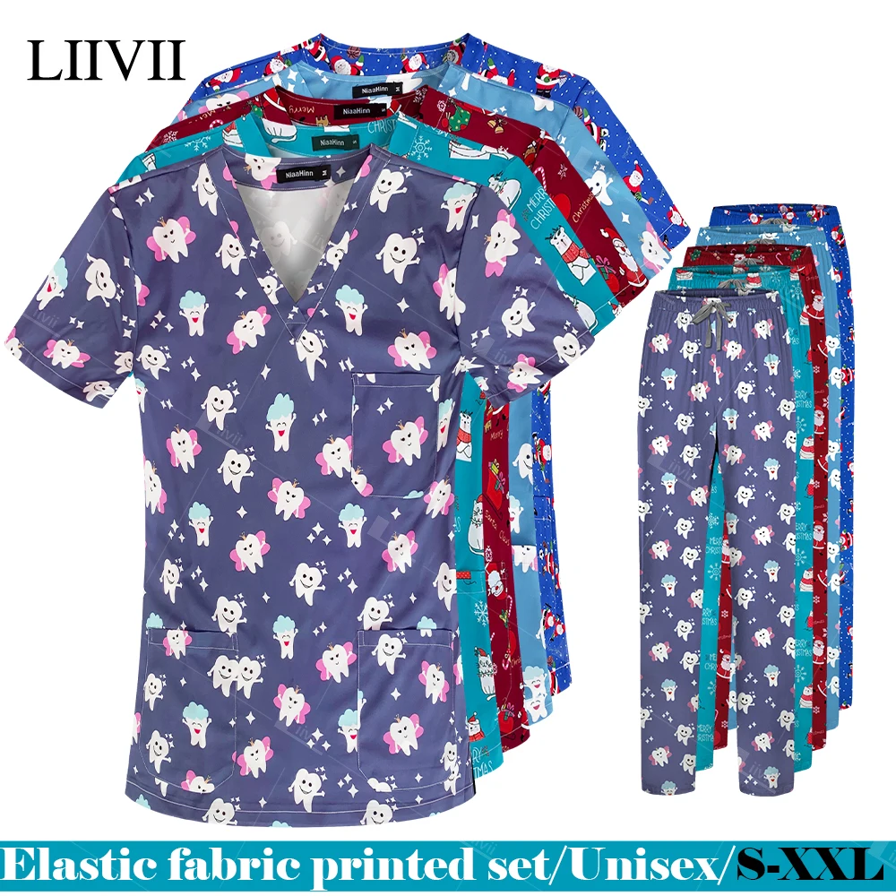 

S-XXL Print Nursing V-neck Blouse+Pocket Straight Pants Teeth Dental Clinic Uniform Scrubs Medical Uniform Women Nurse Scrub Set