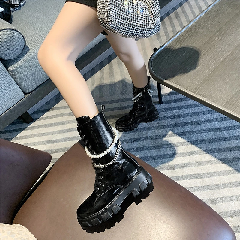 Botas de plataforma con decoración de cadena mujer, zapatos de calle negros con correas cruzadas, cremallera de perlas, botas de combate hasta la rodilla|Botas a media pantorrilla| - AliExpress