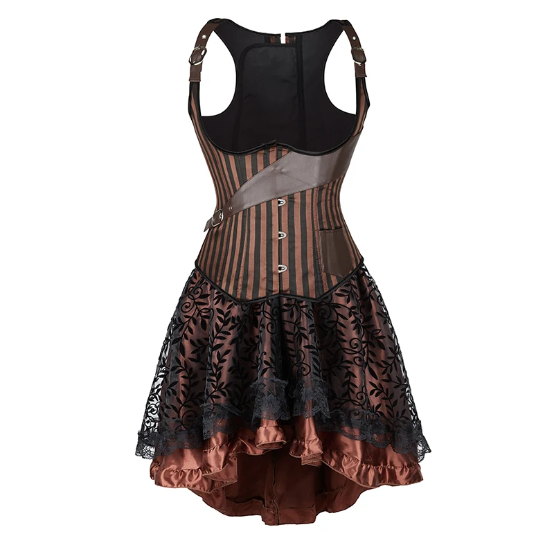 Brown Corset Dress Set Women's Steampunk Gothic Bustier Corset with High Low Skirt 2