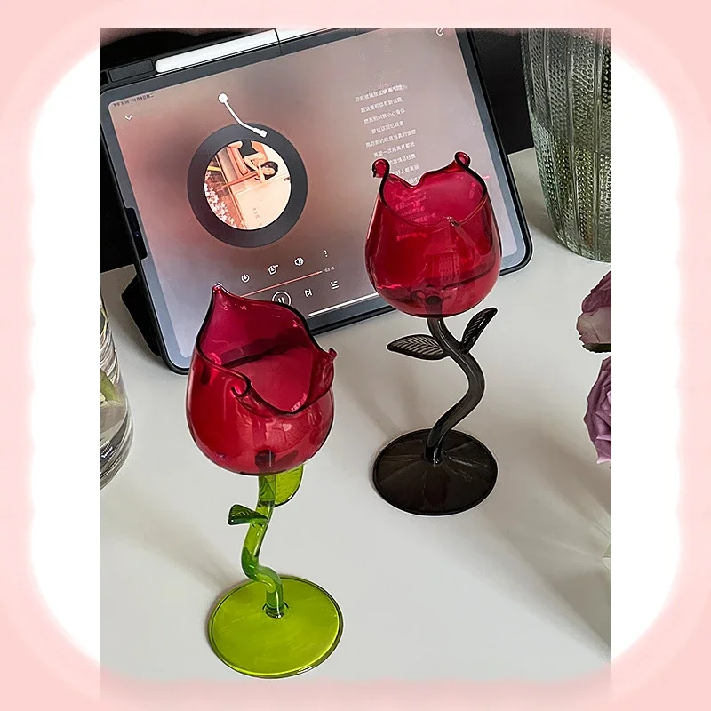 Glass Water Cup Double Wall Glass Cup French Romantic Transparent Rose Glass with Transparent Leaf Cocktail Glass Valentine&rsquo;s Wedding Table Decoration Gift Wine Cup