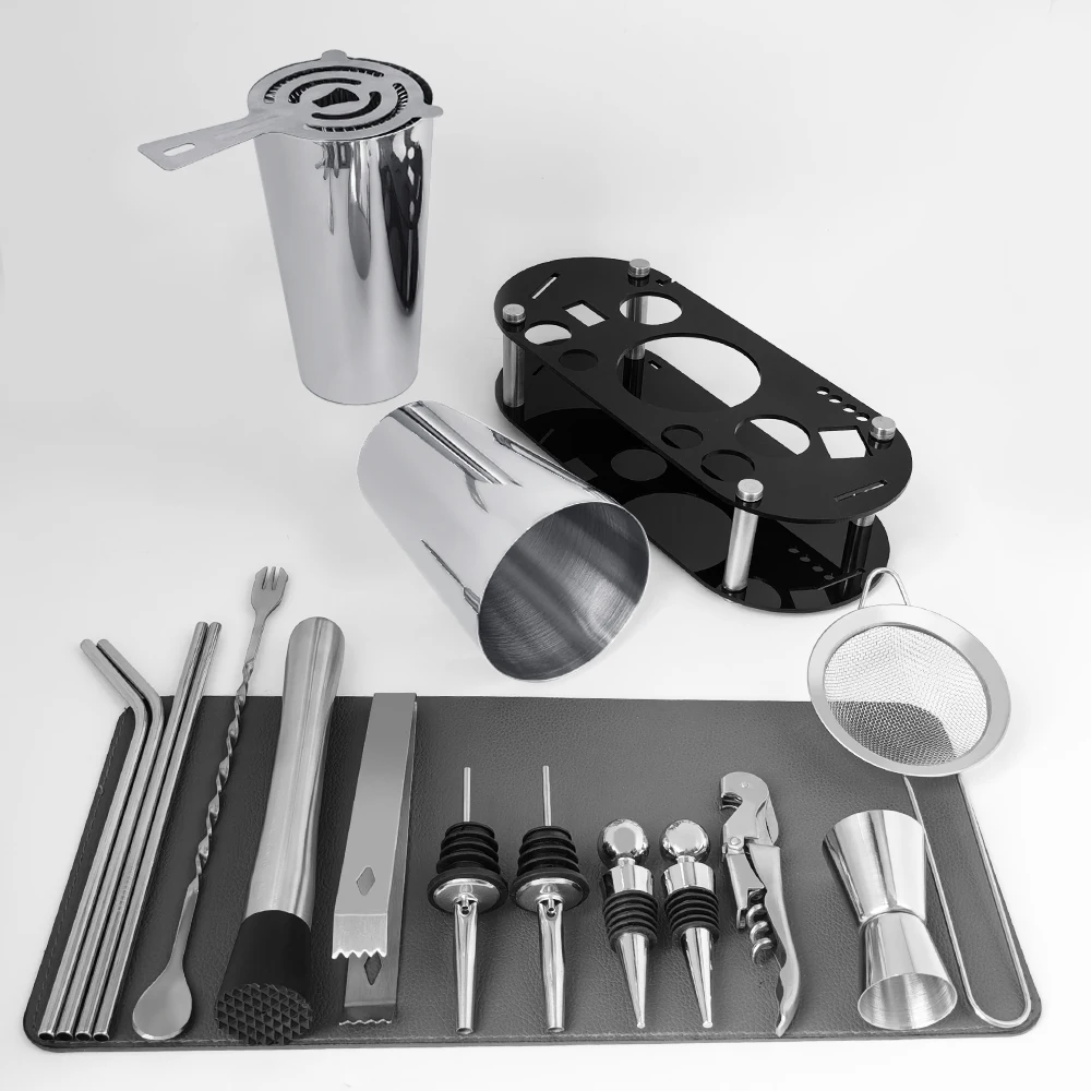 16Pcs Cocktail Shaker Set with Stand Cocktail Recipe, 750/600ml Boston Shakers, Jigger, Muddler,Pourer, Strainer, Spoon