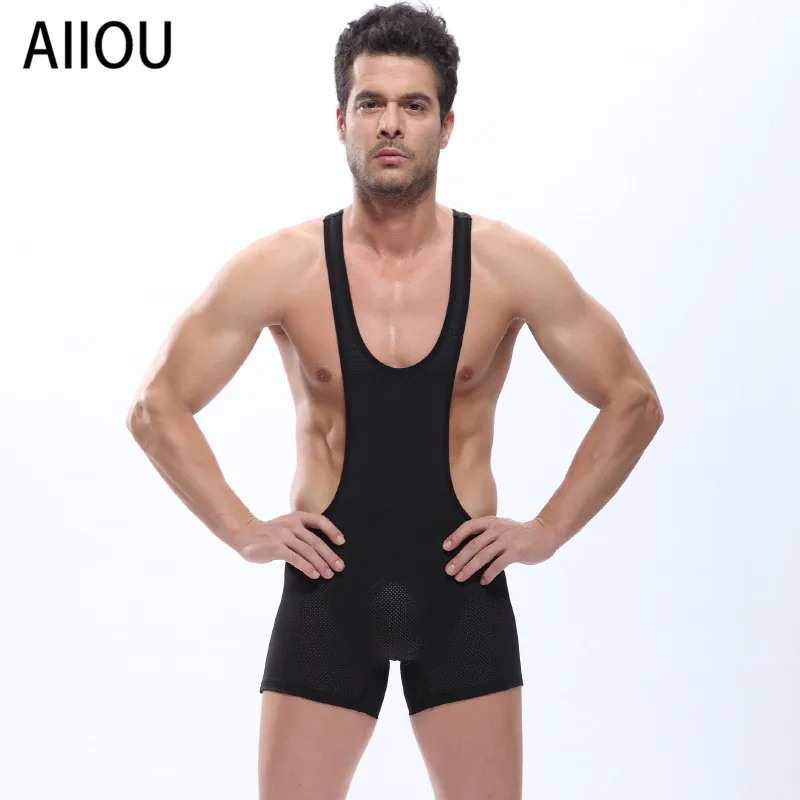 AIIOU Sexy Men Undershirt Wrestling Singlet Jumpsuit Suspender Spandex