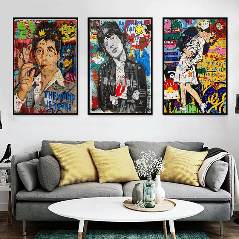 추상 그래피티 아트 포스터 캔버스 그림, 모나리자 가수 초상화 캔버스 인쇄, 거실 홈 데코 벽 아트 그림