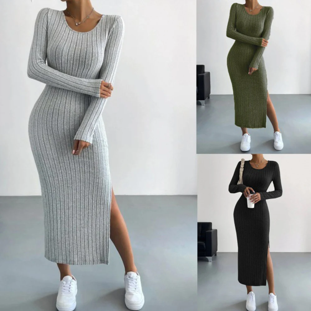 Women Long Sleeve Asymmetrical Bodycon Knitted Sweater Dress