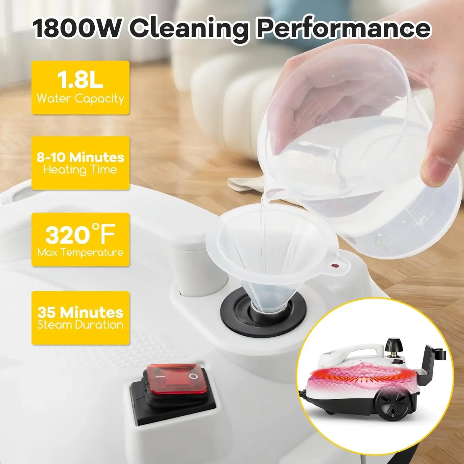Multi-Purpose Steam Cleaner, Portable Steamer with Trigger Lock, Wheels & 61 OZ Water Tank, 1800W Steam Cleaning Machine for Uph 4