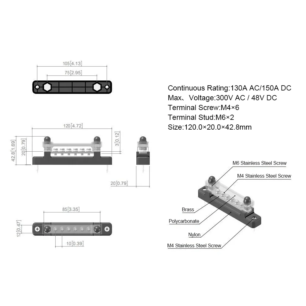 M6 12V Bus Bar 1/4 inch Power Distribution Block 150A Electrical Terminal Block Buss Bar for Truck Boat Car Camper RV