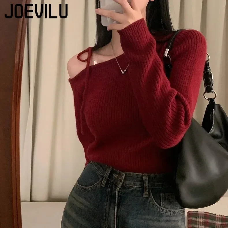 JOEVILU Slanted Collar Tied Irregular Pullover Women's Long Sleeved Knitted Tops Autumn Winter Korean Fashion Red Retro Sweaters 4