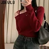 JOEVILU Slanted Collar Tied Irregular Pullover Women's Long Sleeved Knitted Tops Autumn Winter Korean Fashion Red Retro Sweaters 4