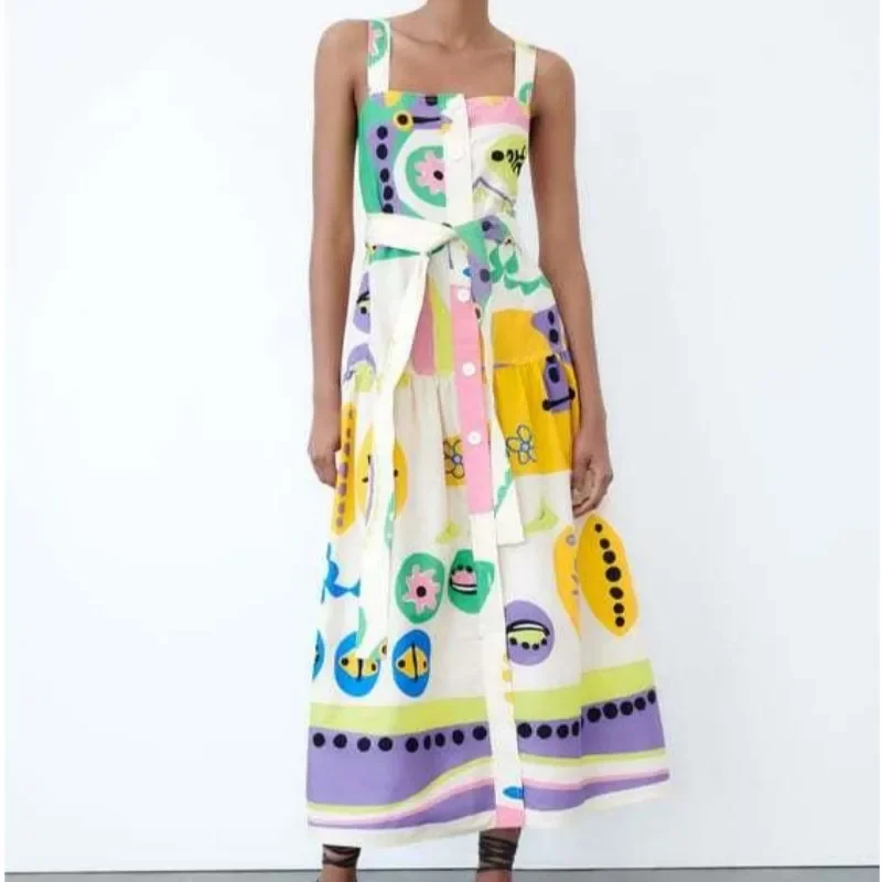 

2023 Summer New Women's Fashion Waist Slimming Print Halter MIDI Dress Female