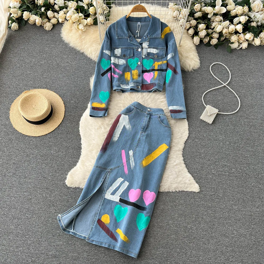 

Autumn Printed Long-sleeved Denim Jacket High-waisted Split Half-length Skirt Fashionable and Fashionable Two-piece Suit