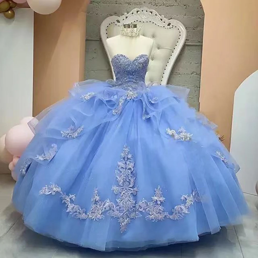 

Blue Ball Gown Quinceanera Dresses Appliques Tulle Sweetheart Prom Birthday Party Gowns Formal Vestido De 15 Anos