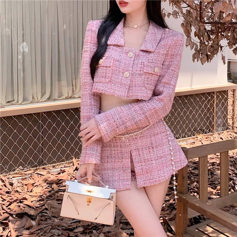 Ladies Pink Two Piece Set Autumn French Retro Loose Short Coat & High Waist Split Skirt Suits Fashion Tweed Women's 2 Piece Set