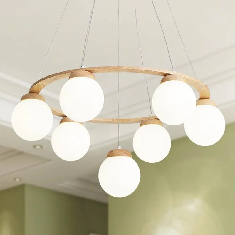 

Nordic Pendant Lamp For Kitchen Island Decor Modern Dining Room Wood LED Chandelier E27 White Glass Ball Hanging Light Fixtures