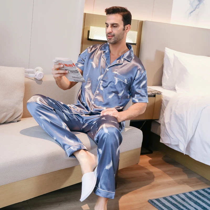 3-piece Pajamas Men's Ice Silk Thin Short Sleeved Shorts Long Pants Feather Print Summer Cardigan Sleepwear Home Clothing Set