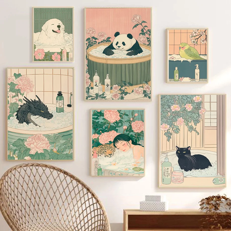 Animale giapponese bagno stampa divertente bagno poster Giappone arte della parete estetica tela pittura immagini casa soggiorno arredamento regalo 1