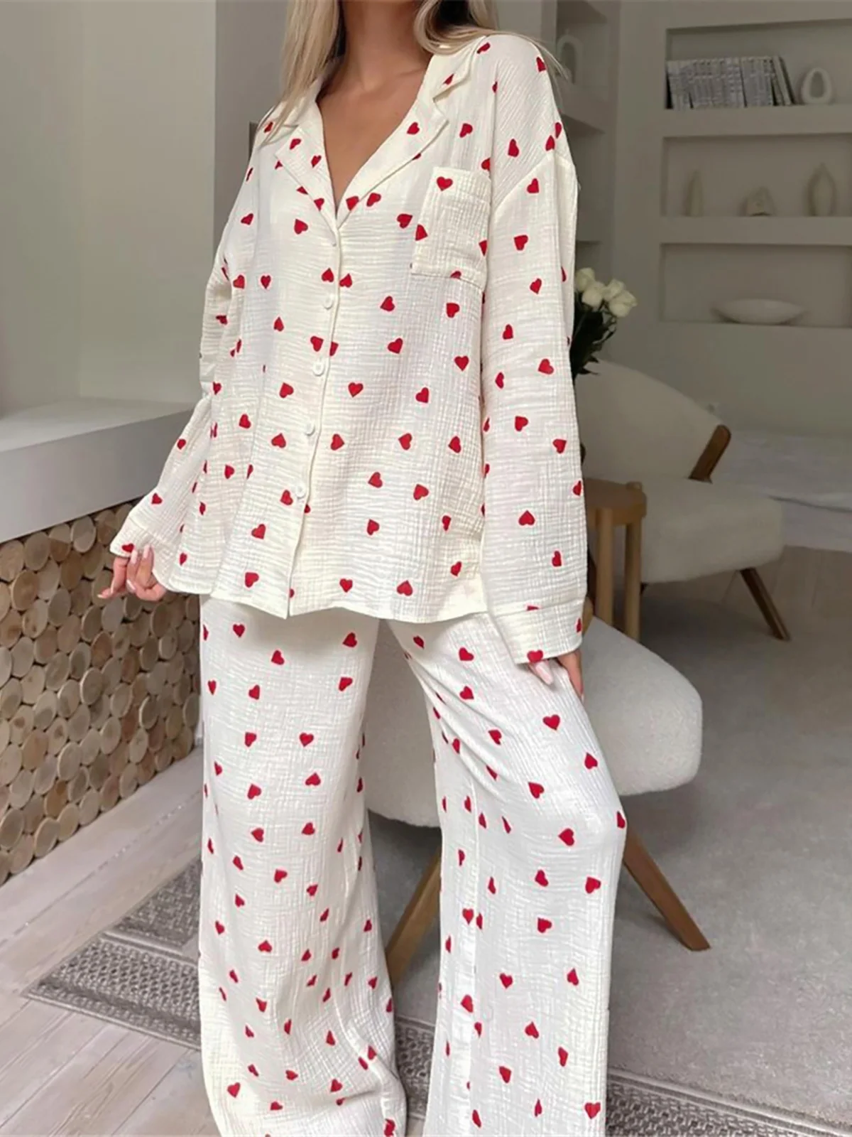 Love Print Cotton Pajamas women pajamas set women pajama suit cotton pajamas set For Women Single-Breasted Pocket New In Women's Sleepwear Lapel Long Sleeve Woman Clothing D323