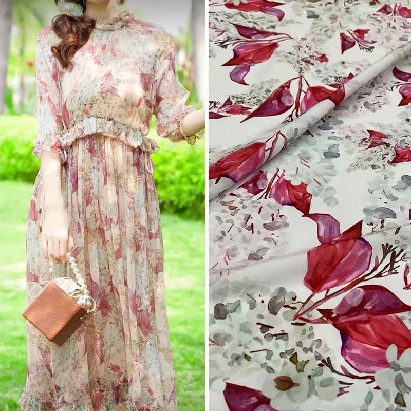 

spring and summer European and American chemical fiber high-density crepe printed fabric Women's skirt rose red flower high-e