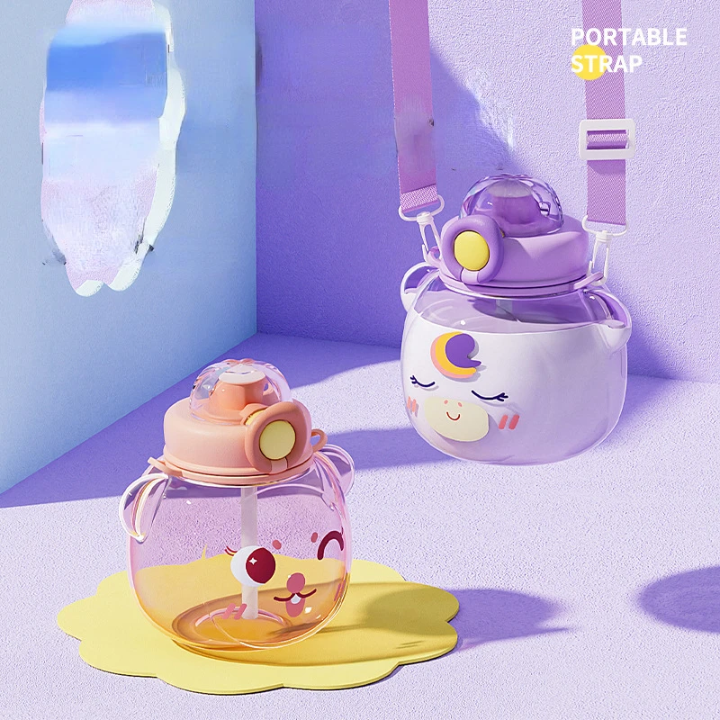 Niedlicher Cartoon-Bär Kinder-Wasserbecher aus Kunststoff, Kürbis-Becher, Becher mit Strohhalm, Doppelgetränk, großer Bauchbecher, Sport-Wasserkocher für Studenten_voghion.com