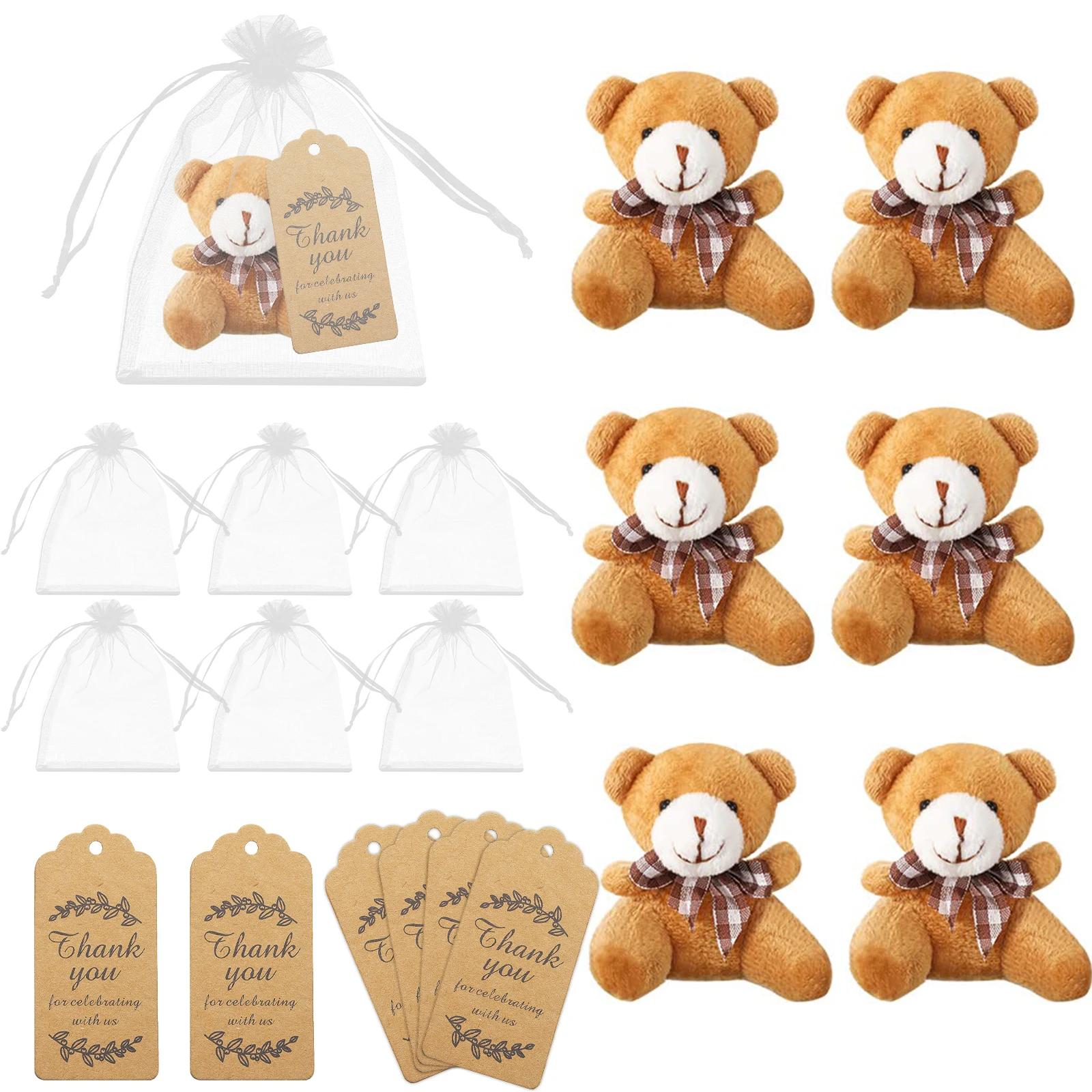 24Pcs Bear Baby Shower Party Favors Mini Plush Bear Keychain with Thank You Tags Organza Bags Twine Bride Wedding Party Favors