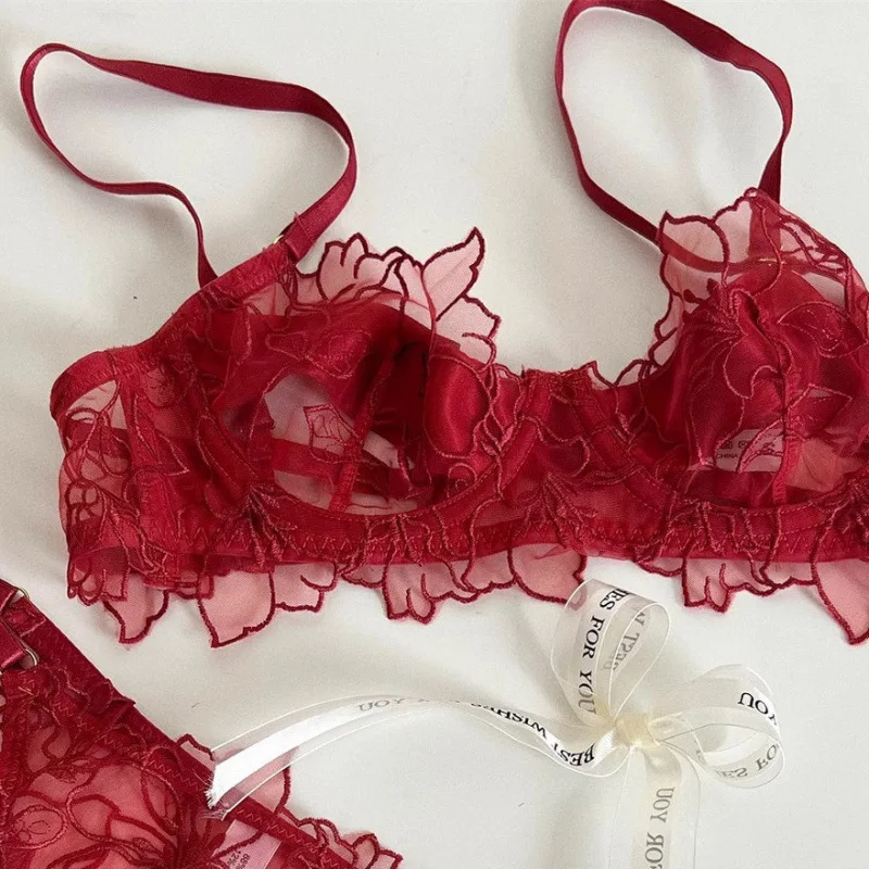 Ensemble de soutien-gorge léger en dentelle, Sexy, à armatures douces, pour le levage et le soutien, empêche l'affaissement, Lingerie brodée exquise, ensemble deux pièces