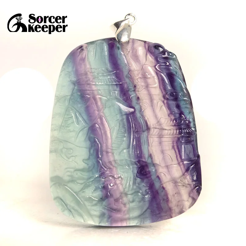 

Оптовая продажа, ручная резьба, пейзаж, кристалл, натуральный Радужный флюорит, камень, кулон, сделай сам, для мужчин и женщин, ожерелье для изготовления ювелирных изделий BG373H