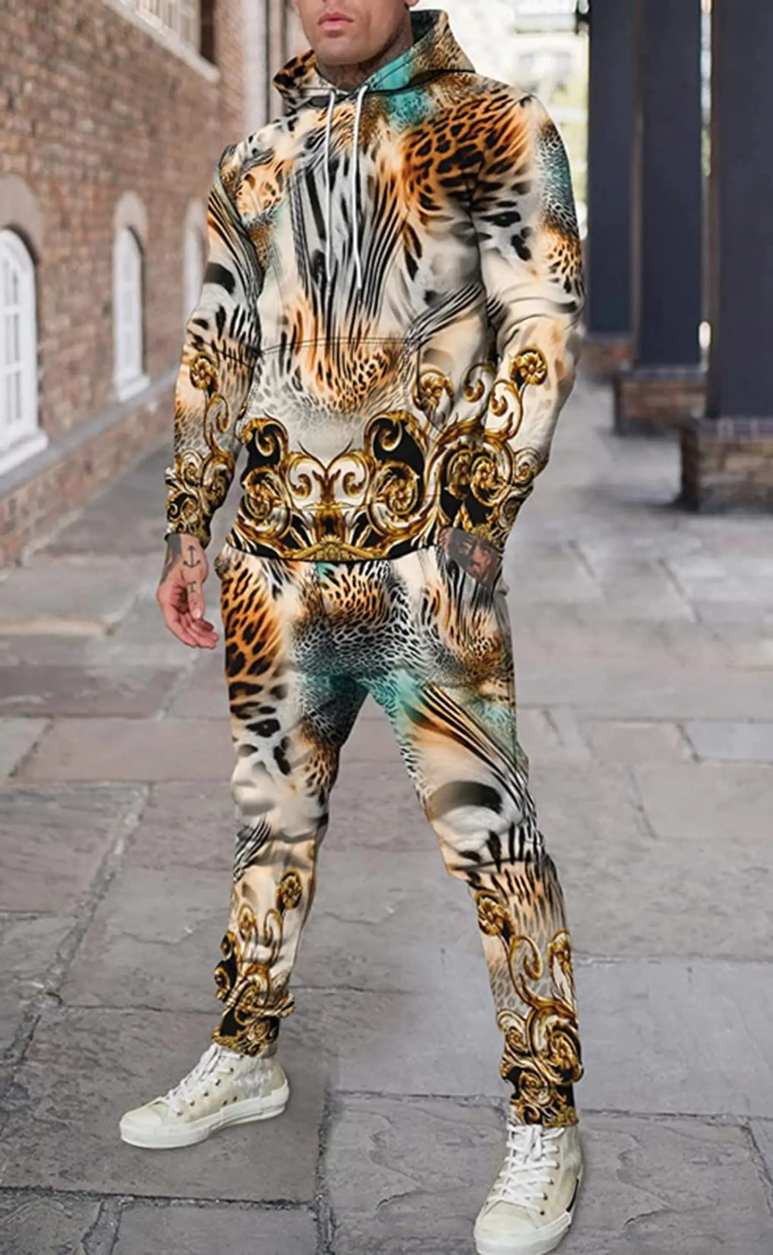 3D Leopard Print Men's Hoodie Pants 2-Piece Outfits Autumn/Winter Men's/Women's Hooded Sweatshirt Sets Oversized Tracksuit Suits 4