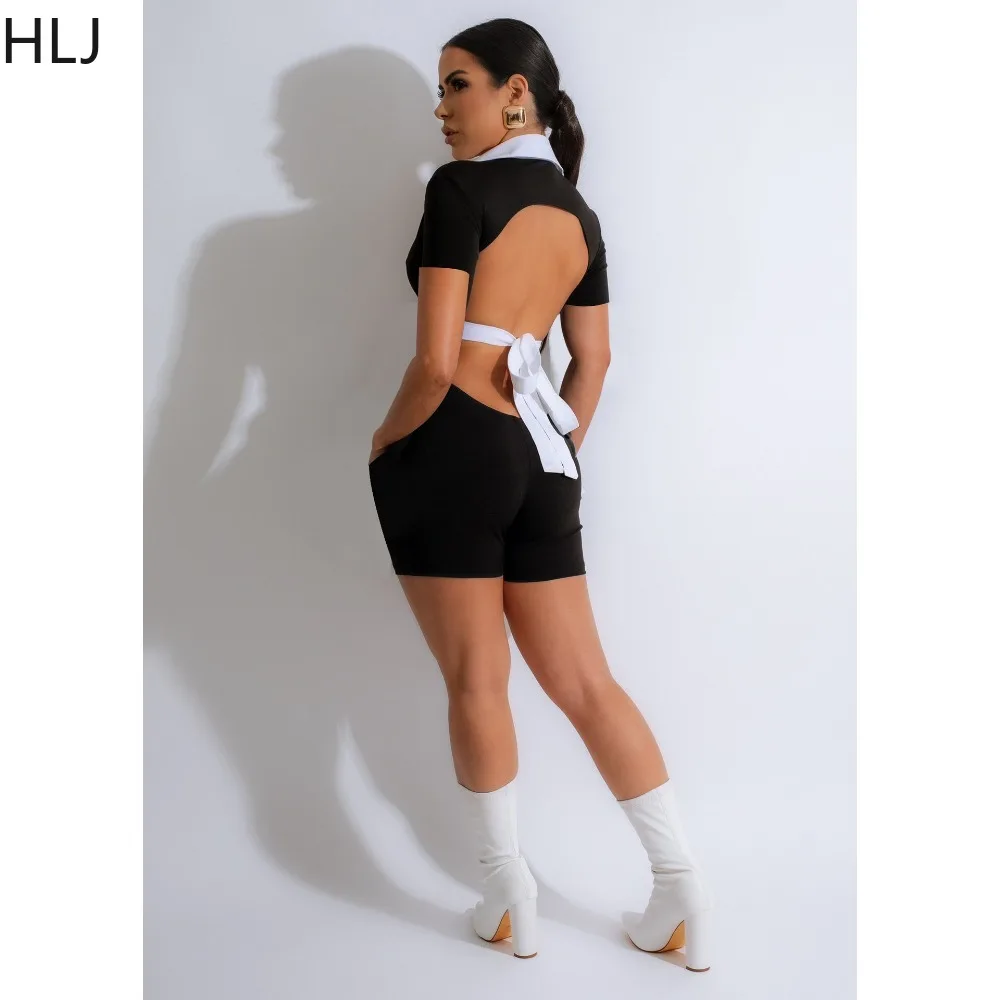 HLJ Sexy Deep V Backless Bow Lace Up Bodycon Nightclub Rompers Women Color Splicing Short Sleeve Hollow Jumpsuit Fashion Overall