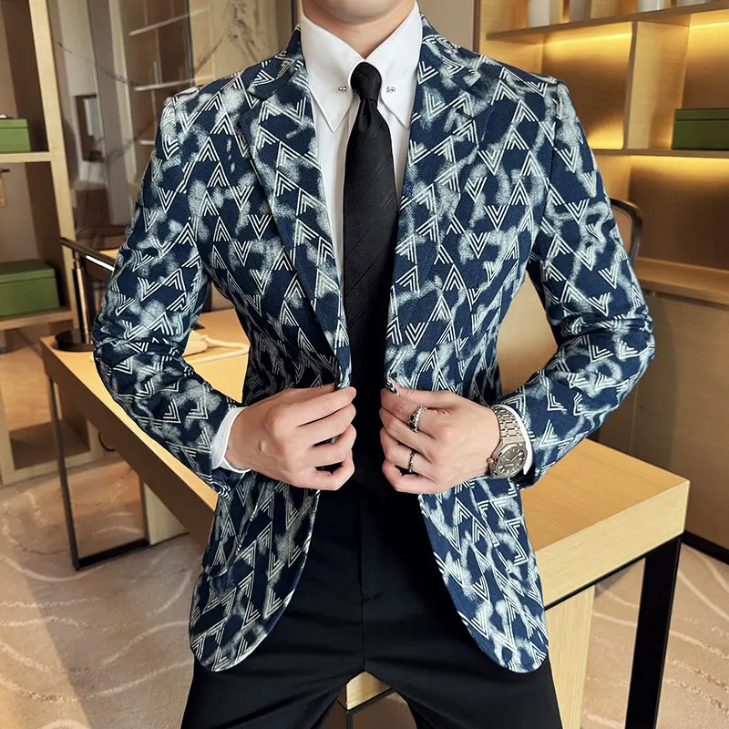 High Quality Denim Jacquard Suit Jacket for Men Slim Fit Business Men Blazers Fashion Casual Streetwear Social Dress Coats