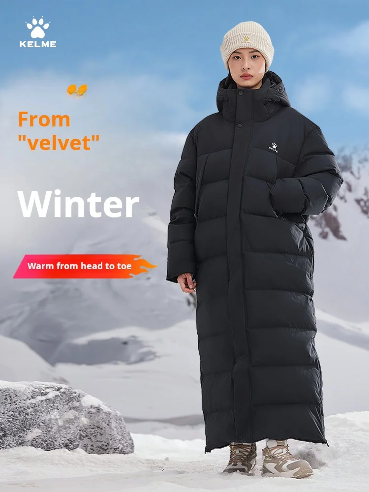 Kelme Extended Down Jacket Winter Hooded Sports Thick Warm Coat Outdoor Windproof Jacket Snow Proof Cotton