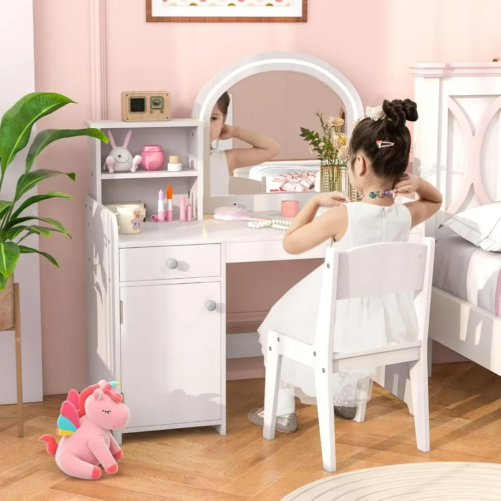 Kids Vanity, Princess Makeup Desk and Chair Set with Lights Mirror Drawer Storage Shelves, Vanity Set for Toddler Girls