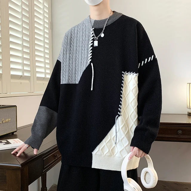 2025 Men's Color-Block Knit Sweater Contrast-Color Crew Neck Oversized Sweater Trendy Versatile Men's Wear College Knit Sweater 1