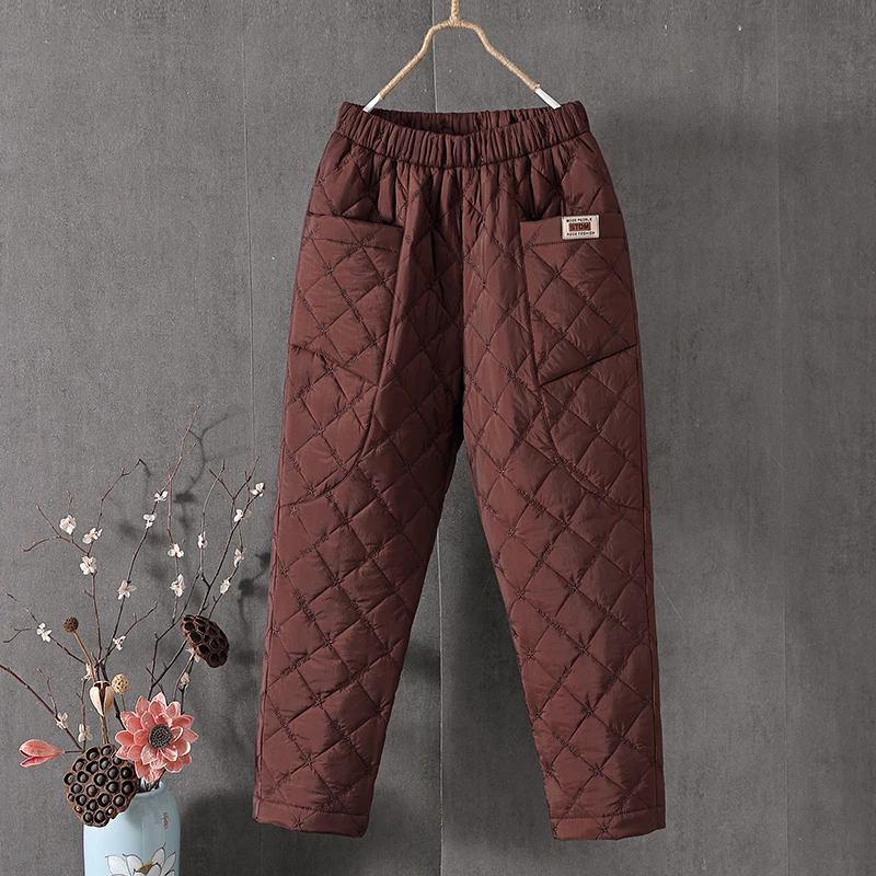 High Waist Thiened down Cotton Pants Women's Winter Embroidery Harlan Warm Straight Leg Casual Loose Fit Trousers