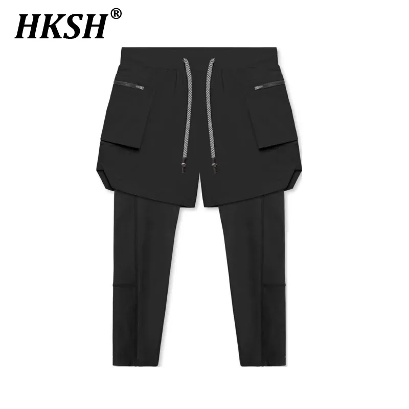 

HKSH Men's Tide Tight Pants Fake Two-piece Fit Running Training Casual Elastic Quick Drying Fashion Avant Garde Outdoor HK0331